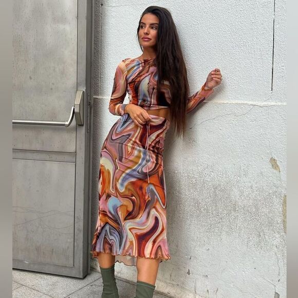 ZARA SET Printed tulle โSet Top And Skirt Organge Beige Brown Combiation - Picture 9 of 16